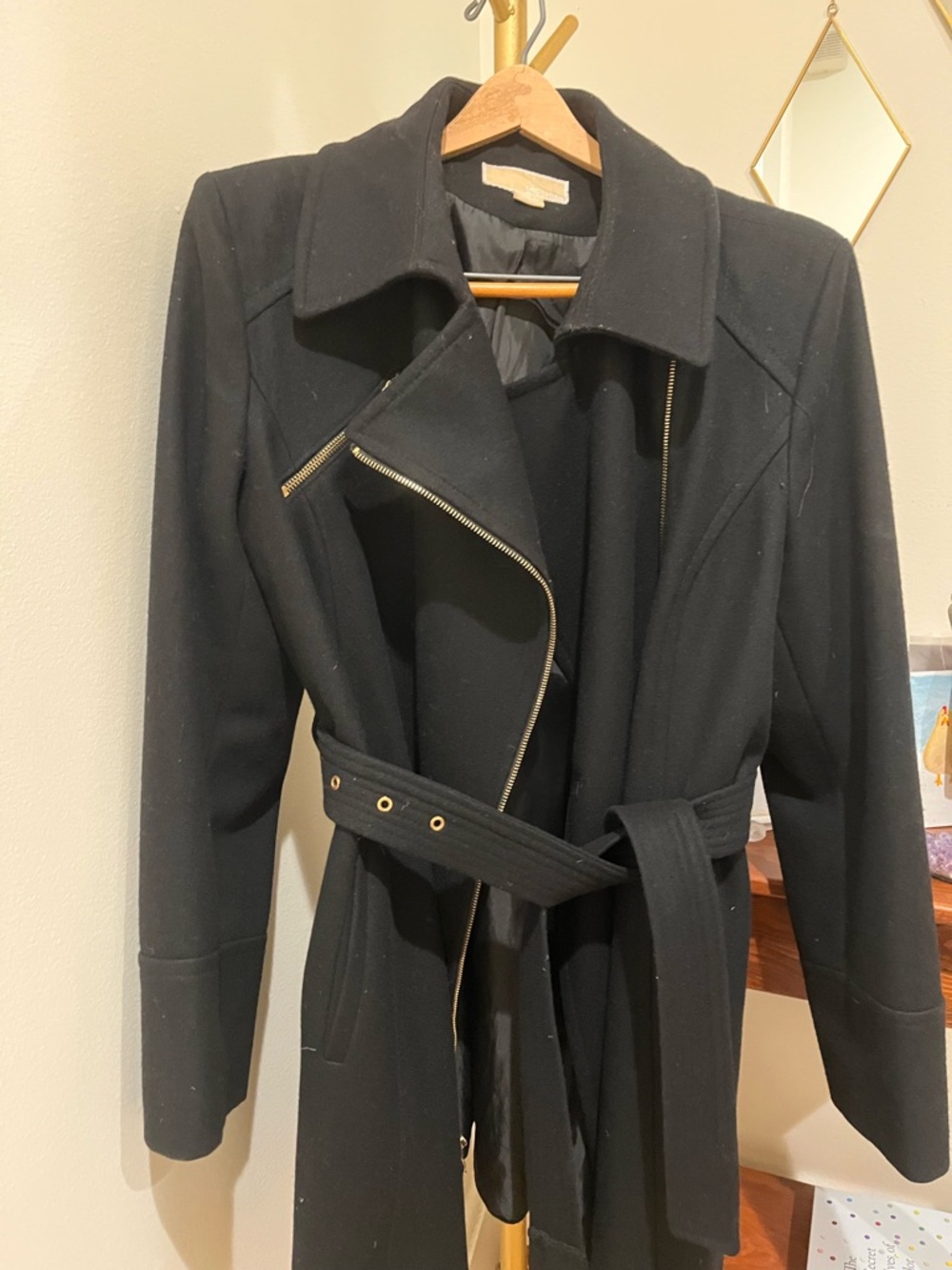 Michael Kors Black Women's Wool-Blend Trench Coat with Belt